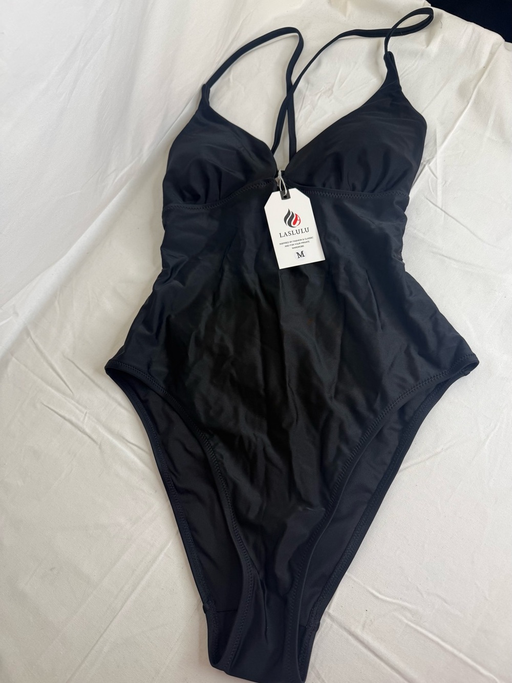 Laslulu Women's Black Solid Tie Stretch One-Piece Swimsuit Regular M